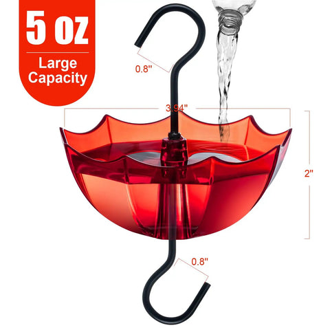 Ant Moat For Hummingbird And Oriole Feeders, 5 Oz Cup, 4 Pack, Clear Water Cup With Red Umbrella Design showing hook and water flow.
