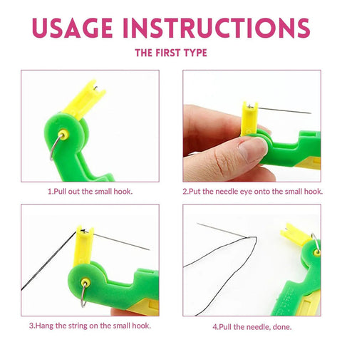 Senior Friendly Automatic Needle Threader Set usage instructions with step-by-step guide for easy one touch threading for elders.