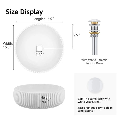 Round Vessel Sink For Bathroom Vanity, Matte Black Porcelain Ceramic Countertop Basin, Dimensions and Pop-Up Drain