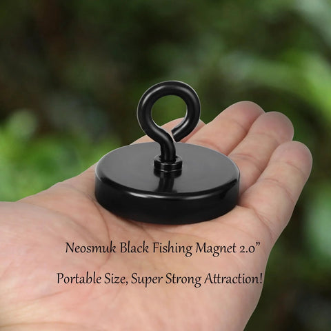 Neosmuk black fishing magnet with eyebolt, 2-inch diameter, heavy-duty neodymium magnet