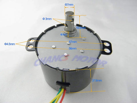 Permanent Magnet Synchronous Micro AC Motor With Mini Gearbox 110V 30 to 36 RPM showing detailed dimensions and wiring