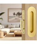 Sliding Pocket Door Handles Set 4.72 Inch Recessed Flush Finger Pulls In 304 Stainless Steel Gold Finish on Wooden Door
