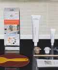 Marble Granite Repair Kit Pro Grade Color Match DIY Epoxy Resin Tint displayed with tools and color samples.