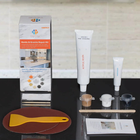 Marble Granite Repair Kit Pro Grade Color Match DIY Epoxy Resin Tint displayed with tools and color samples.
