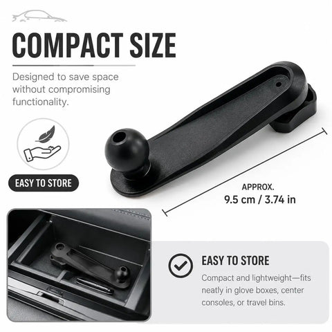 Universal Car Phone Mount With Tight Air Vent Clip And 17mm Ball Head for 360 Rotation, compact size fits easily in car storage.