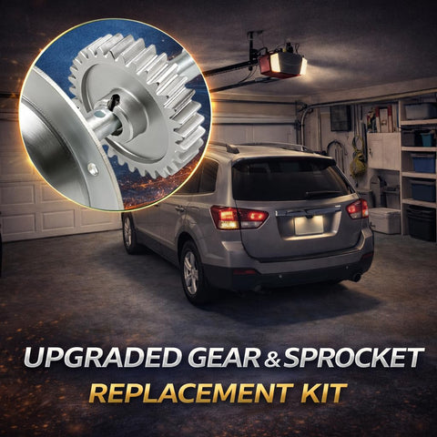 Garage with car featuring Beefed Up Gear And Sprocket Replacement Kit for LiftMaster Chamberlain Sears Craftsman openers