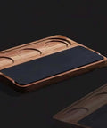 Heavy Duty Wooden Espresso Tamper Station Holder Fits 51mm To 58mm Portafilters with a non-slip grippy base.