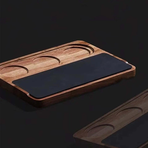Heavy Duty Wooden Espresso Tamper Station Holder Fits 51mm To 58mm Portafilters with a non-slip grippy base.