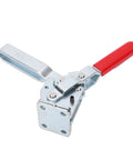Vertical Quick Release Toggle Clamp With 450 Kg Holding Capacity For Woodworking Machine Assembly In Polished Galvanized Iron Body Built Tough For Industrial Clamping And Precise Component Positioning. vertical quick release toggle clamp, red handle, galvanized iron
