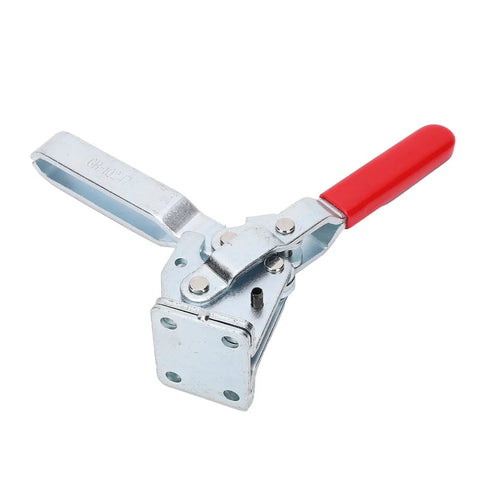Vertical Quick Release Toggle Clamp With 450 Kg Holding Capacity For Woodworking Machine Assembly In Polished Galvanized Iron Body Built Tough For Industrial Clamping And Precise Component Positioning. vertical quick release toggle clamp, red handle, galvanized iron