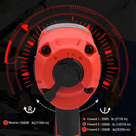 Professional 1/2 Inch Air Impact Wrench Packs Tough As Nails 1560 Ft Lbs Of Raw Power Into A Lightweight Rubber Grip Design showing torque settings.