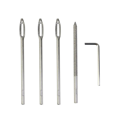 Heavy Duty Tire Repair Kit Featuring Ergonomic T Handle Puncture Patching Tool For Cars Trucks Motorcycles And Bicycles No Fuss Roadside Flat Fix with four stainless steel needles and a valve wrench.
