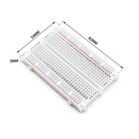 Four Pack 400 Point Solderless Breadboard For DIY Electronics Projects With Dual Power Rails White ABS Case Great For Jumper Wires Kits And Prototyping Supports 21 To 26 AWG Wires displayed with dimensions