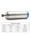 Badass 4.5Kw Water Cooled Spindle With ER20 Collet And Tough Ceramic Ball Bearings Delivers Reliable Torque For Serious CNC Fabrication Work At 380V Power, close-up view on silver and blue spindle with specifications.