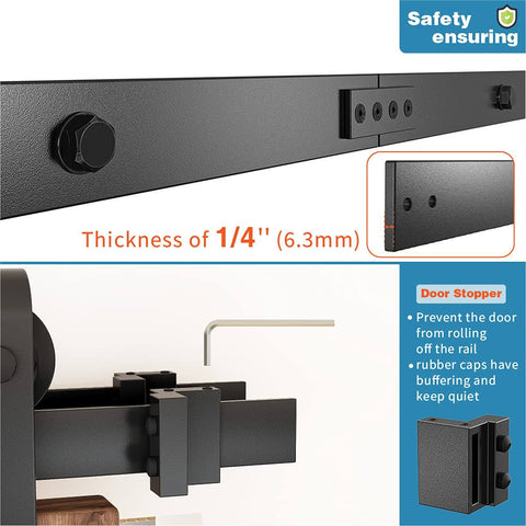Close-up of 9 Foot Double Track Bypass Sliding Barn Door Hardware Kit with 1/4 inch thick black coated rail and stopper