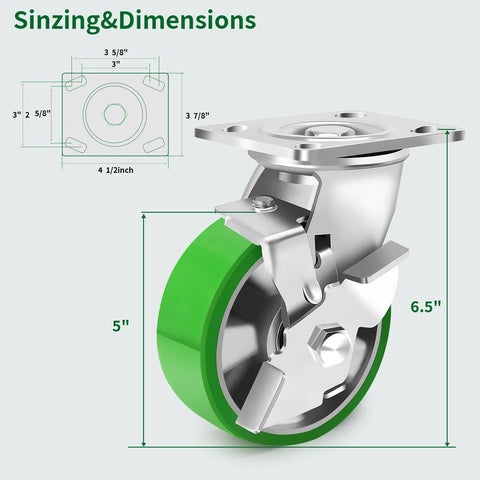 5 Inch Heavy Duty Industrial Grade Caster Set Of 4 With Brakes Swivel Wheels With Aluminum Core PU Maintenance Free Design 1000 Lbs Per Caster 4000 Lbs Total Capacity For Industrial Equipment Trolleys And Machinery