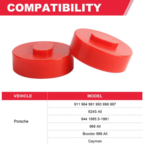 Two red polyurethane jack pad support points for Porsche 911 924S 944, 65mm diameter, heavy duty for vehicle maintenance.