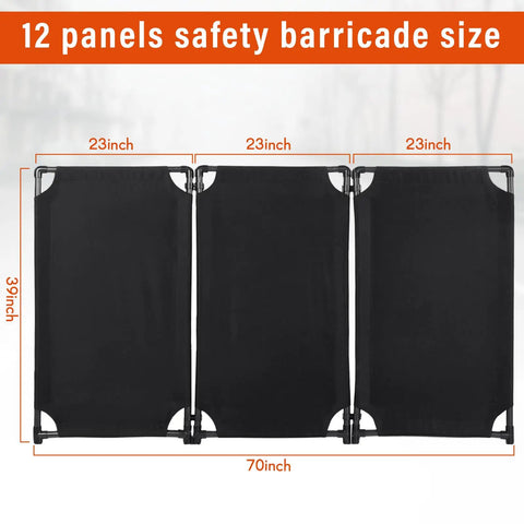 12 Panel Foldable Safety Barricade With High Visibility Caution Sign PVC Frame Portable Privacy Fence dimensions shown
