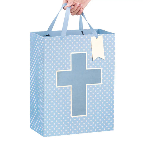 Blue Cross Window Gift Bag With Ribbon Handles, Totally Perfect For Baby Boy Baptisms, Christenings, And First Communions, Comes With Tissue Paper, 10 By 5 By 13 Inches, 1 Bag
