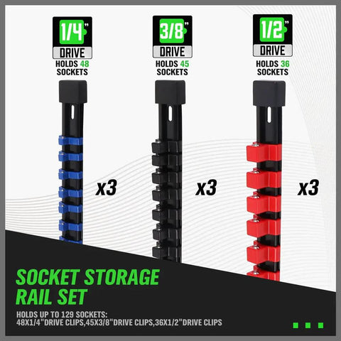 Heavy Duty Socket Rail Organizer Set Nine Piece Kit with three clip rails in different sizes for storing SAE and metric sockets.