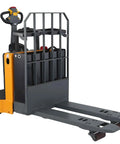 Heavy Duty Electric Ride On Pallet Jack Truck 5500 LB Capacity side view with operator seat and lifting forks ready for use.