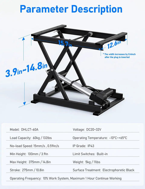 Smooth Operator Electric Scissor Lift Table 130 Lb Capacity Height Adjustable Work Platform dimensions and features diagram.