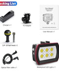 Underwater Video Light For Diving, Pro Grade 6000LM LED, 130ft Waterproof, GoPro Compatible shown with all accessories.