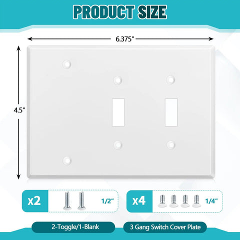 Three Gang Wall Plate With Two Toggle Holes And One Blank Cover Gloss White Stainless Steel Finish Standard Size 4.50 By 6.38 Inches Corrosion Resistant GFCI Outlet Receptacle Compatible Conceals Unused Switches For A Clean Look, shown with dimensions and mounting hardware.