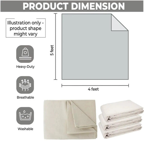Heavy Duty Cotton Canvas Drop Cloth 8 Oz 6x9 Ft Painter's Shield, illustration with folded and stacked cloth, beige color, washable