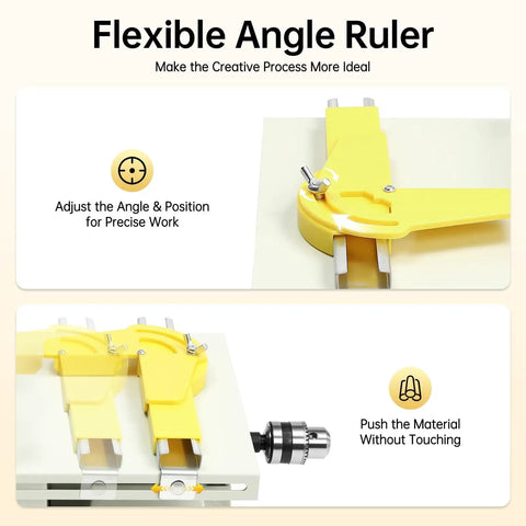Flexible angle ruler with yellow adjustable arms for precise materials positioning and contactless operation assistance.