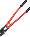 24 Inch Heavy Duty Hand Swager Crimper Tool With Five Dies From One Sixteenth To Three Sixteenths shown with red long leverage handle.