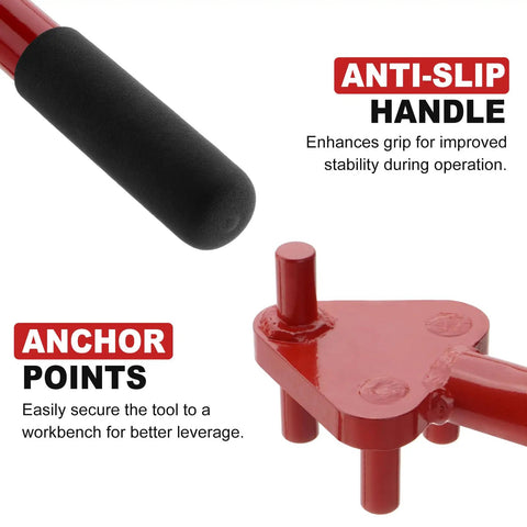 Close-up of Heavy Duty Manual Rebar Bender For 5/8 Inch Steel Rod showing anti-slip handle and anchor points for secure mounting.