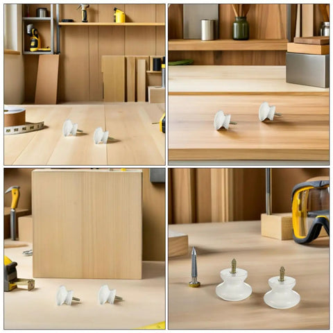 Top Shelf Real Deal Round Wooden Cabinet Knobs 10 Pack Self Tapping Pulls on a workbench next to tools, showcasing installation ease.
