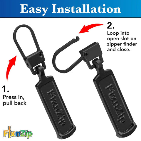 Ultra Easy No Sweat Clip-On Zipper Pull Replacements 4 Pack Black Universal Tabs For Zipper Repair close-up installation guide