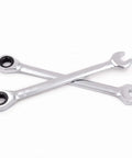 4 Piece 13mm 12Pt Ratchet Wrench Set with 5 Degree Movement and 72 Teeth, crossed metal wrenches on white background.