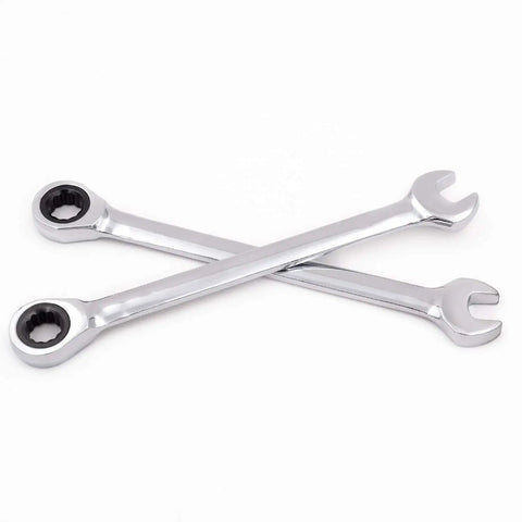 4 Piece 13mm 12Pt Ratchet Wrench Set with 5 Degree Movement and 72 Teeth, crossed metal wrenches on white background.