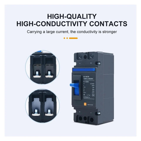 Top Shelf 2 Pole DC Circuit Breaker 1000V MCCB showing high-quality contacts for solar arrays and RV marine installations.