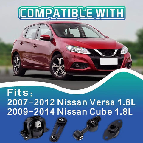 Red Nissan Versa with engine and transmission mount kit image, Engine And Transmission Mount Kit For 2007-2012 Nissan Versa 1.8L And 2009-2014 Nissan Cube 1.8L Direct Fit Replacement Set Of 4 OE A4312 A4318 A4320 A4323 Built To Last shown below car