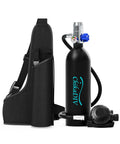 Mini Scuba Tank With 1L Capacity Portable Dive Tank And Hand Pump beside black carrying bag with hose and regulator.
