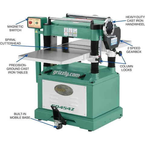 Heavy Duty 20 Inch Thickness Planer With A Beefy 5 Horsepower Motor And Swappable Spiral Carbide Cutterheads Rock Solid Cast Iron Construction Precision Ground Tables And Wings Includes Reliable Board Return Rollers