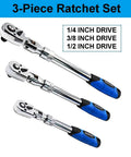 Extendable Ratchet Set Three Piece With Long Reach Handles And 72 Tooth Flex Head Quick Release Locking Ratchets For 1 Quarter Inch 3 Eighth Inch And 1 Half Inch Drives Built For Tight Spaces And Angled Work, showing all three sizes in a fan layout.