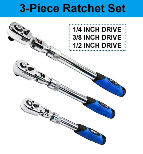 Extendable Ratchet Set Three Piece With Long Reach Handles And 72 Tooth Flex Head Quick Release Locking Ratchets For 1 Quarter Inch 3 Eighth Inch And 1 Half Inch Drives Built For Tight Spaces And Angled Work, showing all three sizes in a fan layout.
