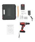 No Fuss Cordless Drill Set Heavy Lifter Handheld Power Tool With All Day Battery Pack Ready To Roll For Tough Tasks Without Overheating Problems In Sleek Red Finish with accessories in a carrying case.