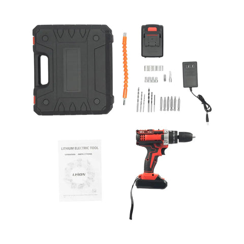 Heavy Hitter Cordless Drill Set With Variable Speed Gears And 25 Plus 3 Torque Settings showing complete kit including drill, charger, and accessories.