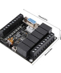 Rock Solid 24V DC PLC Control Board With FX1N-14MR Relay Module for industrial automation shown with dimensions and ports.
