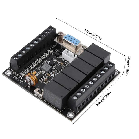 Rock Solid 24V DC PLC Control Board With FX1N-14MR Relay Module for industrial automation shown with dimensions and ports.