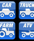 Illustration showing car, truck, farm equipment, and ATV symbols, representing usage for Metric Grease Fitting Assortment Kit 8 mm By 1 Thread 8 Piece Set With Straight 45 Degree And 90 Degree Fittings For Automotive Trucks And Machinery Lubrication Gearhead Must Have.