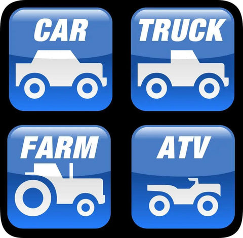 Illustration showing car, truck, farm equipment, and ATV symbols, representing usage for Metric Grease Fitting Assortment Kit 8 mm By 1 Thread 8 Piece Set With Straight 45 Degree And 90 Degree Fittings For Automotive Trucks And Machinery Lubrication Gearhead Must Have.