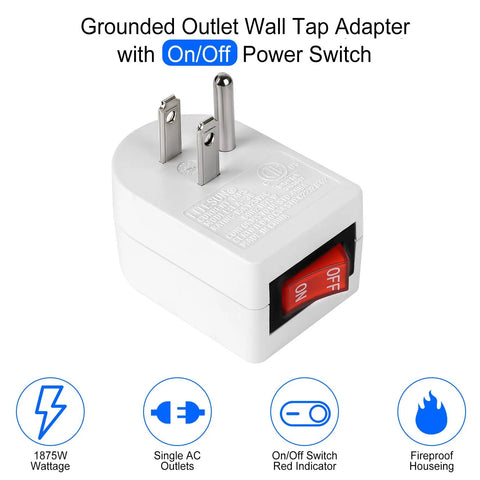 Grounded Outlet With On Off Switch Wall Tap Adapter Single Outlet Power Switch 15A 125V 1875W 3 Prong Plug ETL Listed