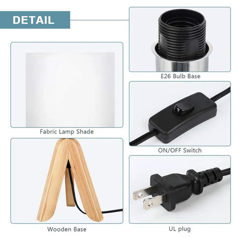 Details of Cozy Kids Table Lamp With Fabric Shade And Wood Tripod Base, showing UL plug, E26 bulb base, and switch.